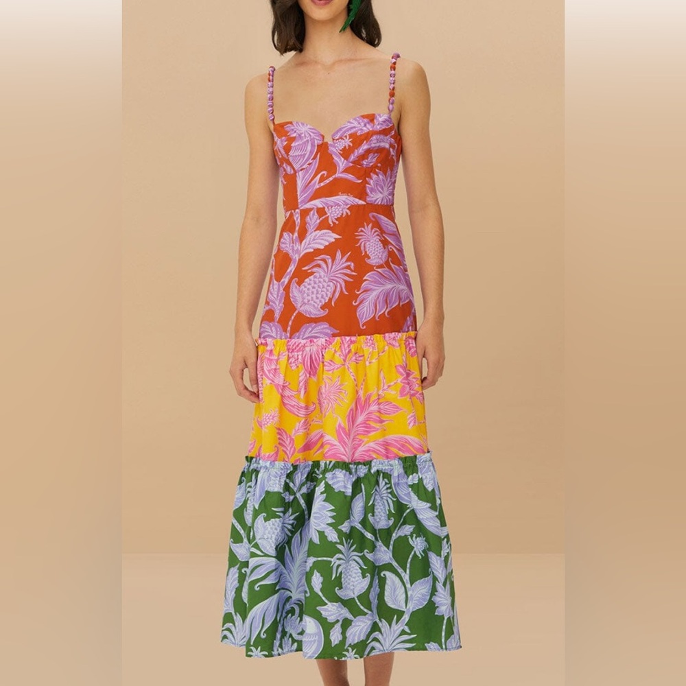 Farm Rio Mixed Tropical Swing Sleeveless Midi Dress Size XS